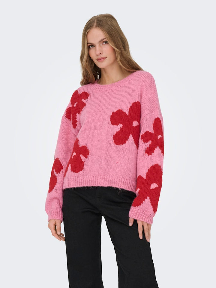 Onlbootle Life Ls Flower O-neck Knt - Roze Dessin