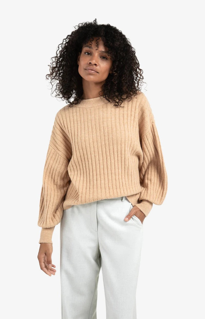 Ribbed Sweater With Round Neck - Camel