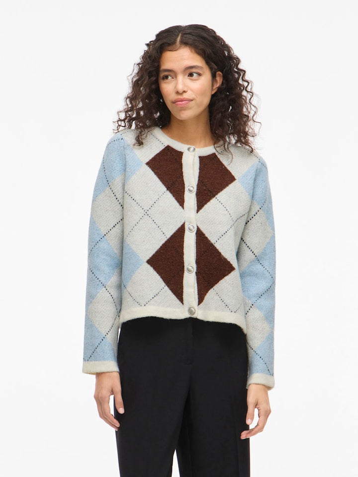 Vikayla O-neck L/s Check Knit Cardi/bfs - Beige