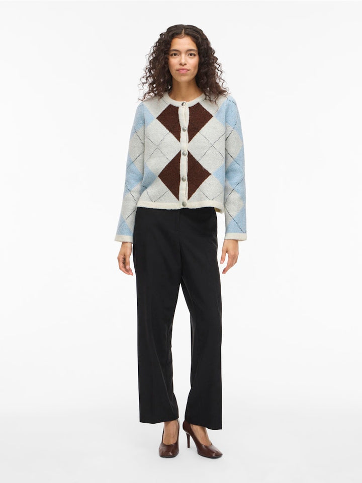 Vikayla O-neck L/s Check Knit Cardi/bfs - Beige