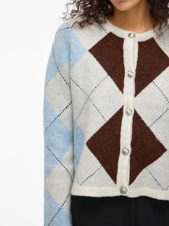 Vikayla O-neck L/s Check Knit Cardi/bfs - Beige