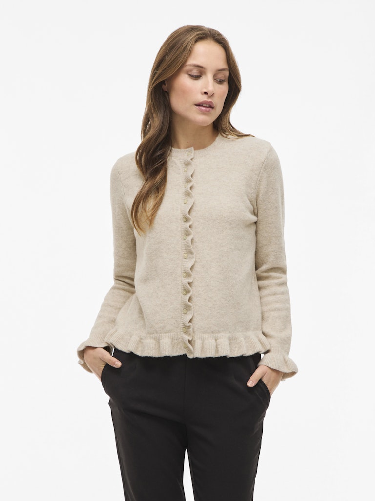 Vijacia O-neck L/s Frill Knit Cardi/bfs - Beige