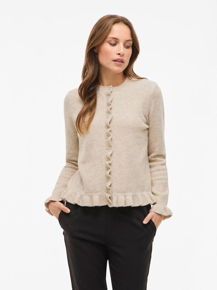 Vijacia O-neck L/s Frill Knit Cardi/bfs - Beige