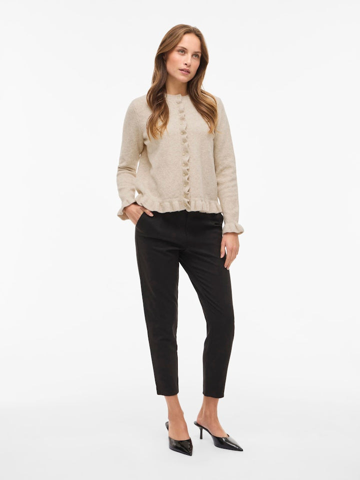 Vijacia O-neck L/s Frill Knit Cardi/bfs - Beige
