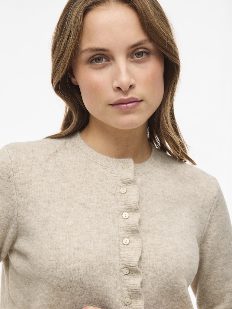 Vijacia O-neck L/s Frill Knit Cardi/bfs - Beige
