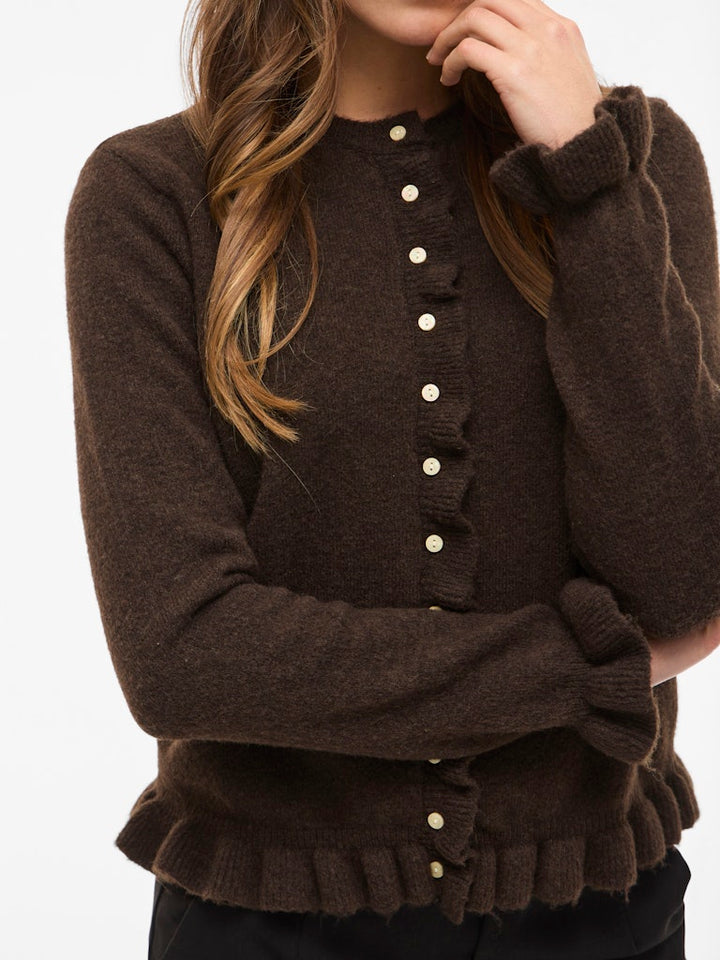 Vijacia O-neck L/s Frill Knit Cardi/bfs - Bruin