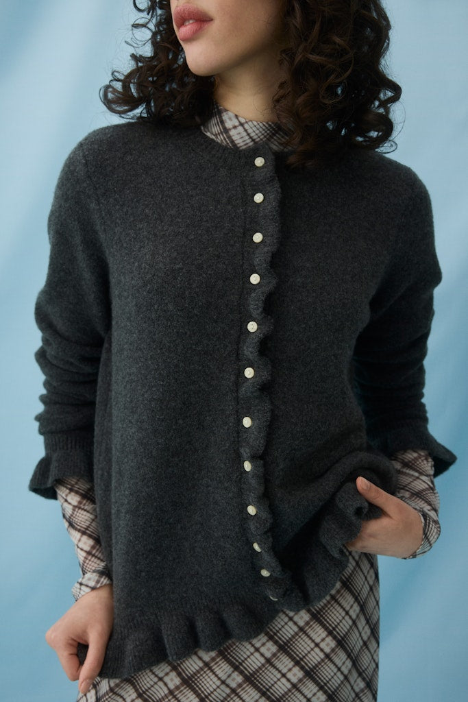 Vijacia O-neck L/s Frill Knit Cardi/bfs - Grijs Melee
