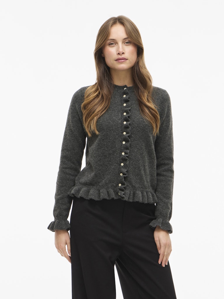 Vijacia O-neck L/s Frill Knit Cardi/bfs - Grijs Melee