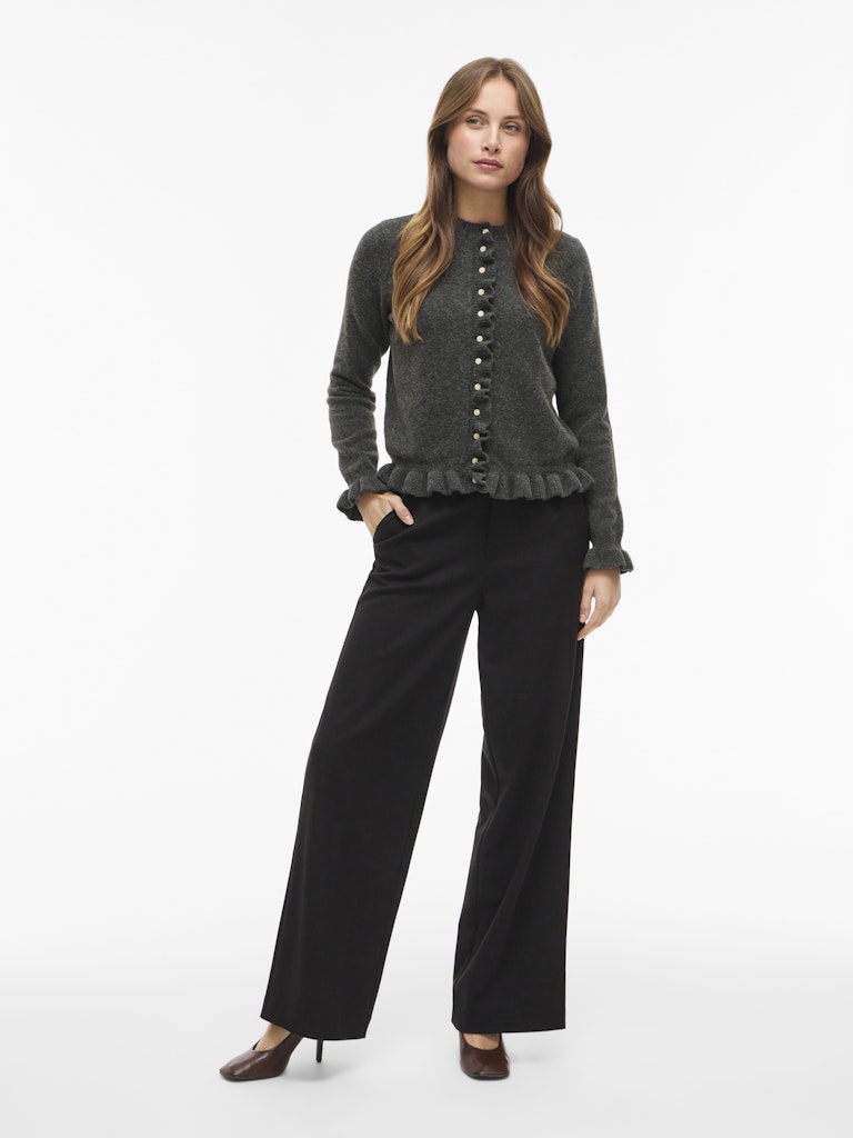 Vijacia O-neck L/s Frill Knit Cardi/bfs - Grijs Melee