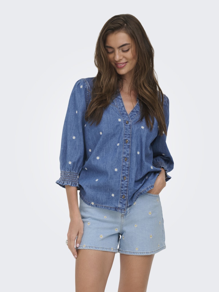Onlraya Daisy Emb 3/4 Shirt Dnm Akm - Blue Denim