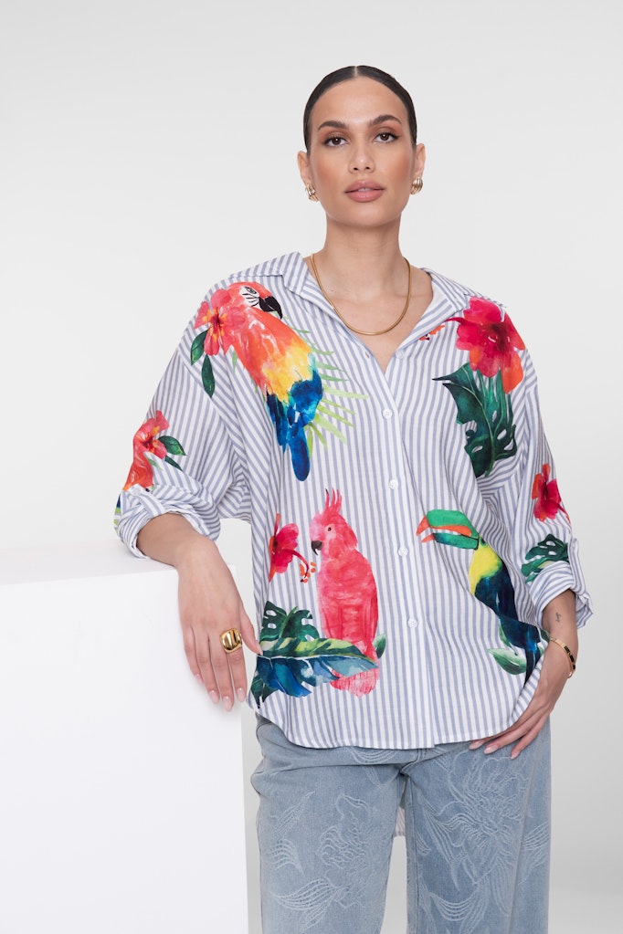 Blouse Stripes & Birds - Wit Dessin