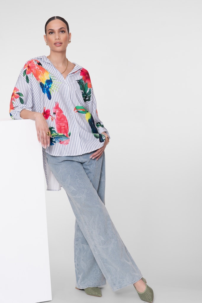 Blouse Stripes & Birds - Wit Dessin