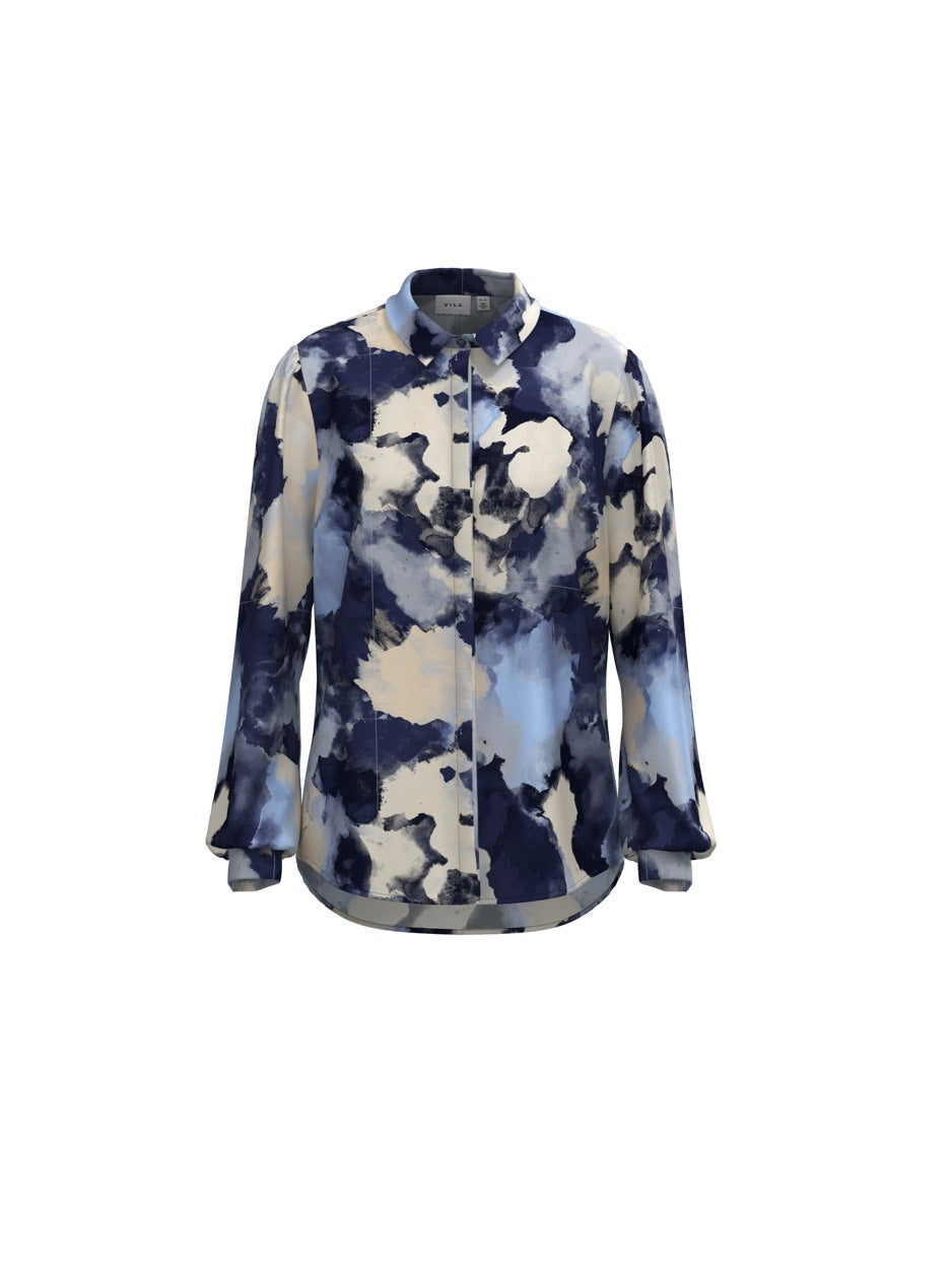 Viellette Satin L/s Shirt - Noos - Blauw Dessin