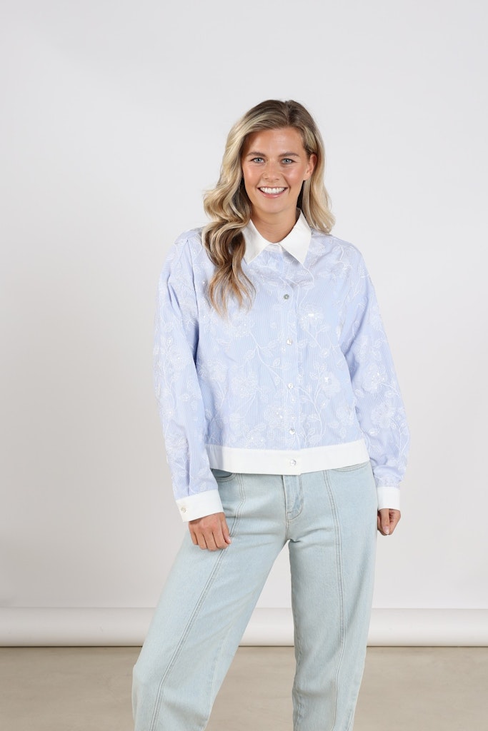 Meave Blouse Embroidery - Blauw Dessin