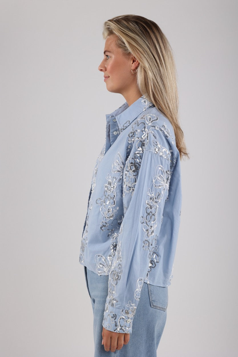 Tessa Blouse Paillet - Blauw Dessin