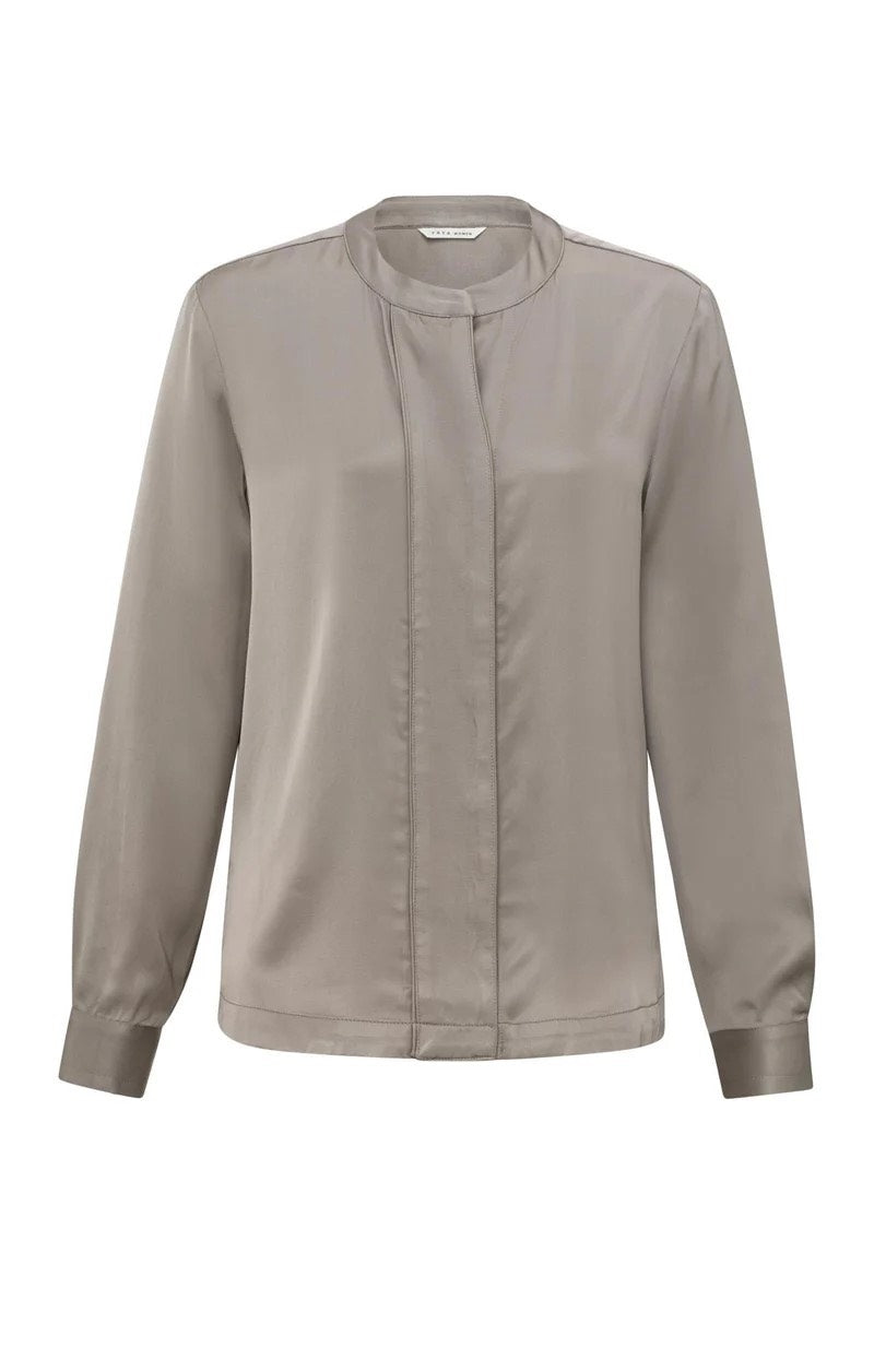 Satin Detailed Placket Blouse - Taupe