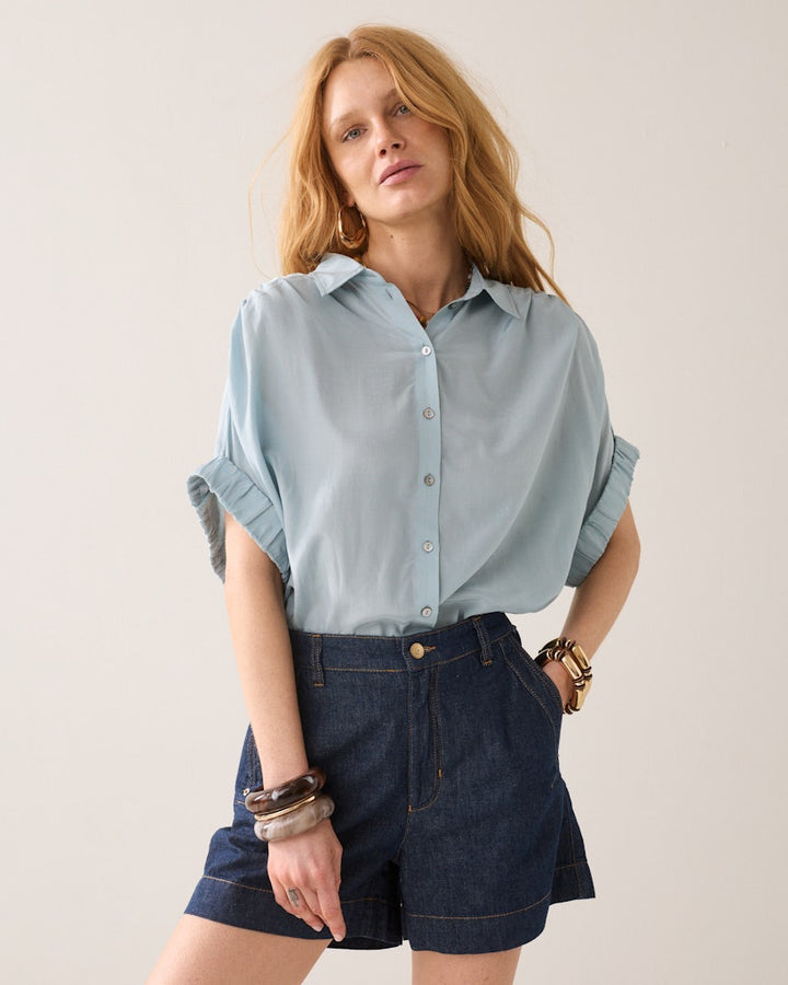 Blouse Short Sleeves Viscose Cotton - Lichtblauw