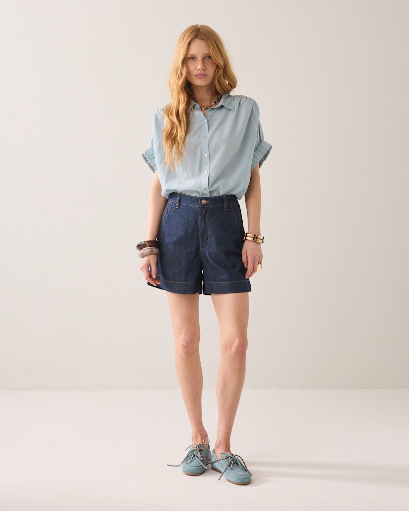 Blouse Short Sleeves Viscose Cotton - Lichtblauw