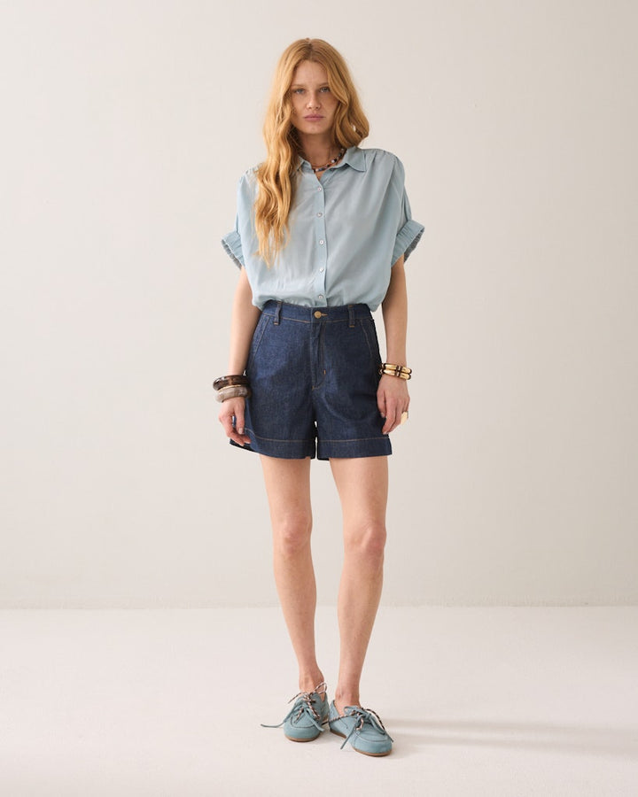 Blouse Short Sleeves Viscose Cotton - Lichtblauw