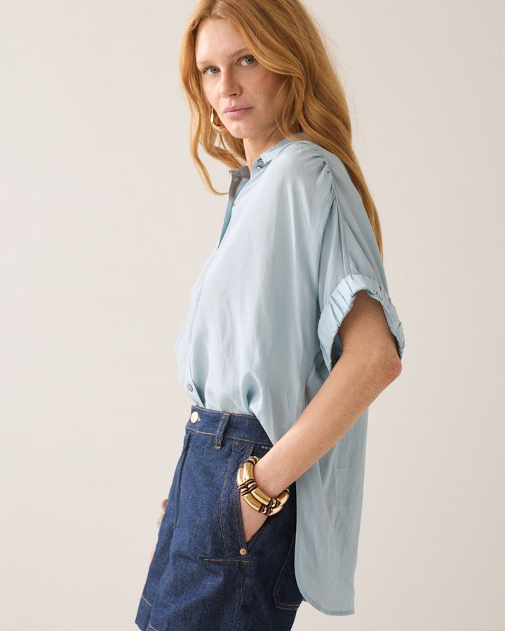 Blouse Short Sleeves Viscose Cotton - Lichtblauw