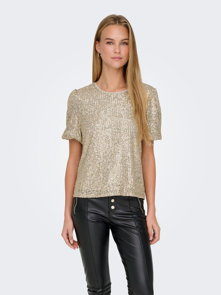 Onlana S/s Loose Sequins Top Jrs - Beige