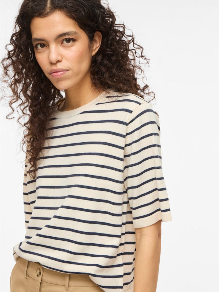 Vimalu O-neck 2/4 Knit Top-noos - Ecru Dessin