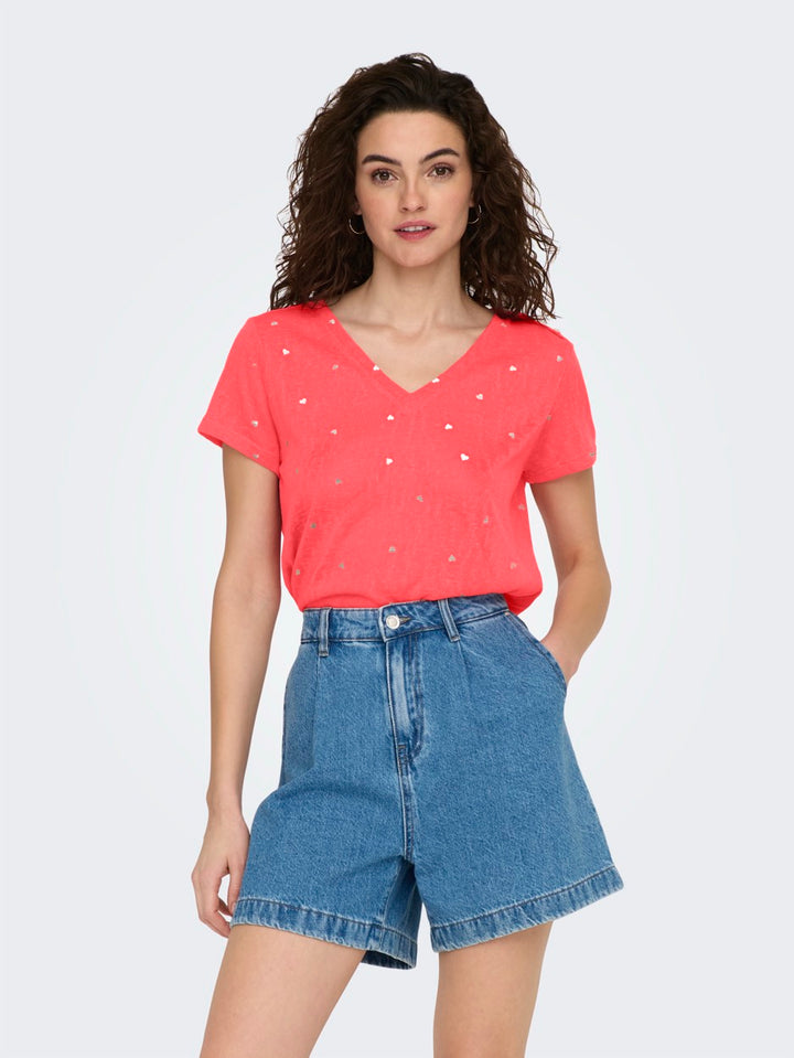 Onlstephi S/s Aop V-neck Top Jrs - Koraal Rood