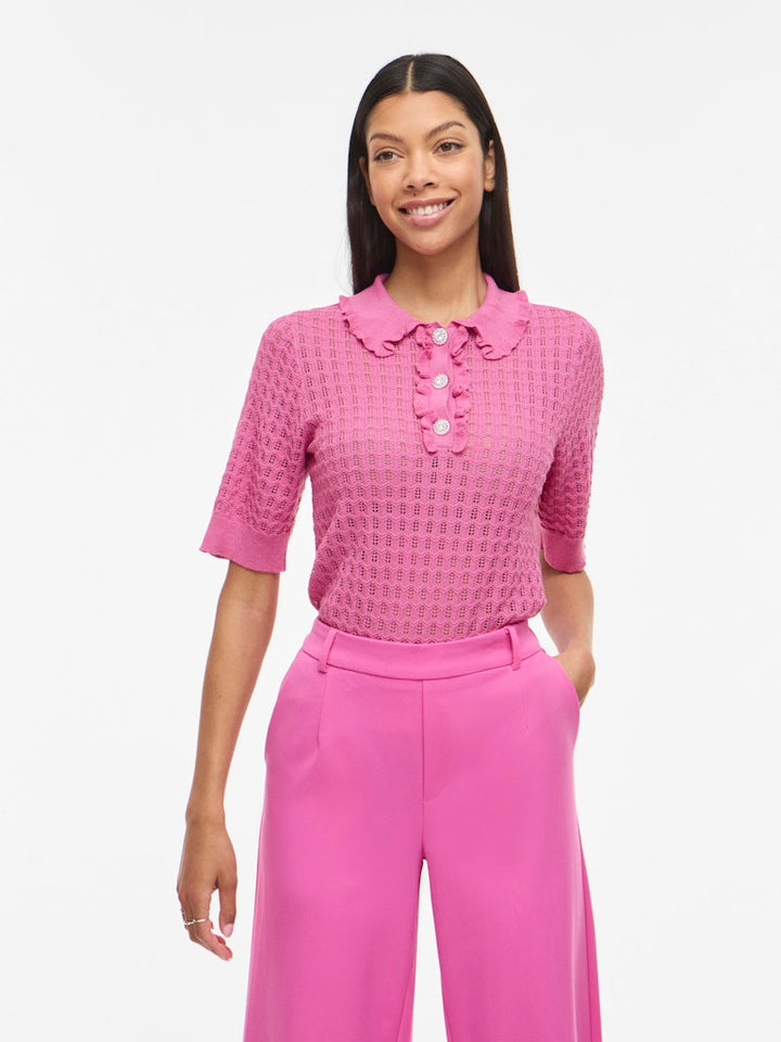 Vinora Polo 2/4 Pointelle Knit Top/rc - Fuchsia