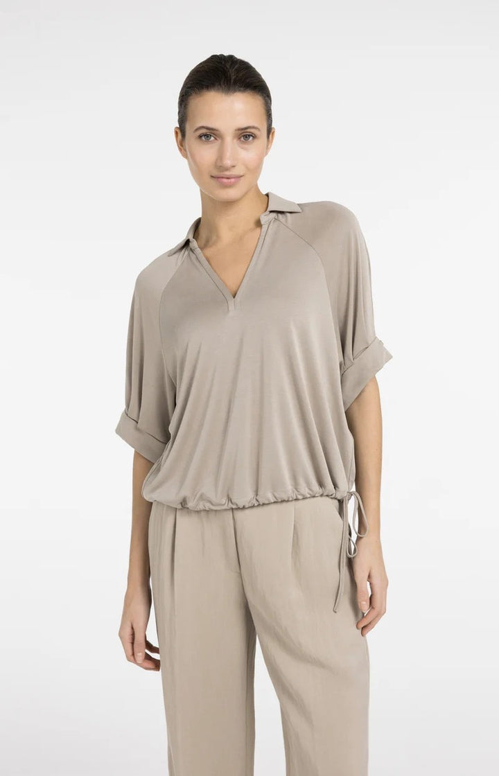 Jersey Top With Pleated Sleeve - Taupe