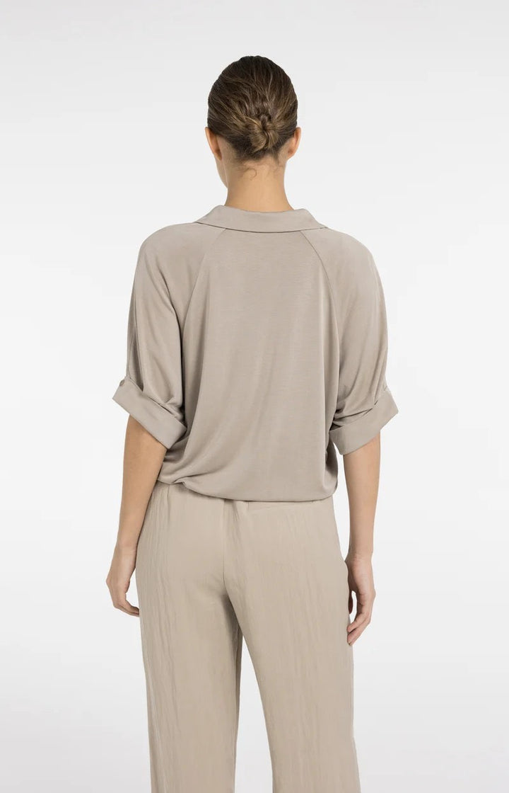 Jersey Top With Pleated Sleeve - Taupe