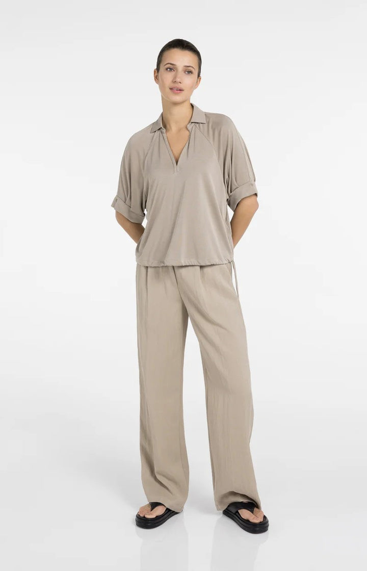 Jersey Top With Pleated Sleeve - Taupe