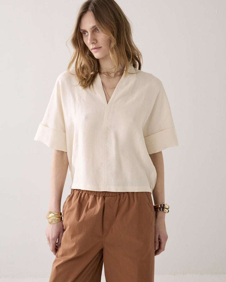 Top Short Sleeves Modal Linen Blend - Ecru