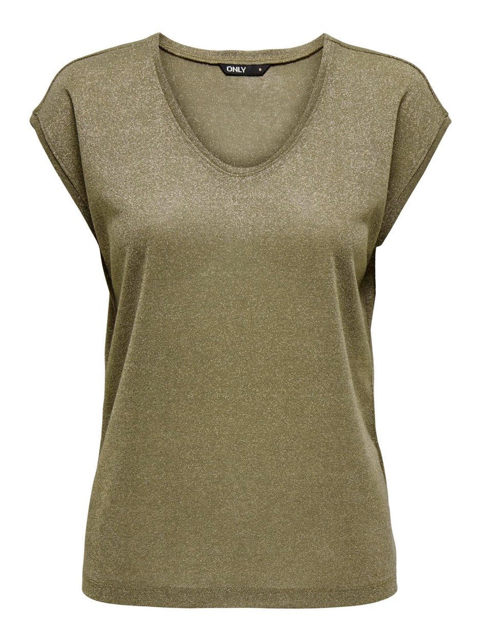 Onlsilvery S/s V Neck Lurex Top Jrs - Zand