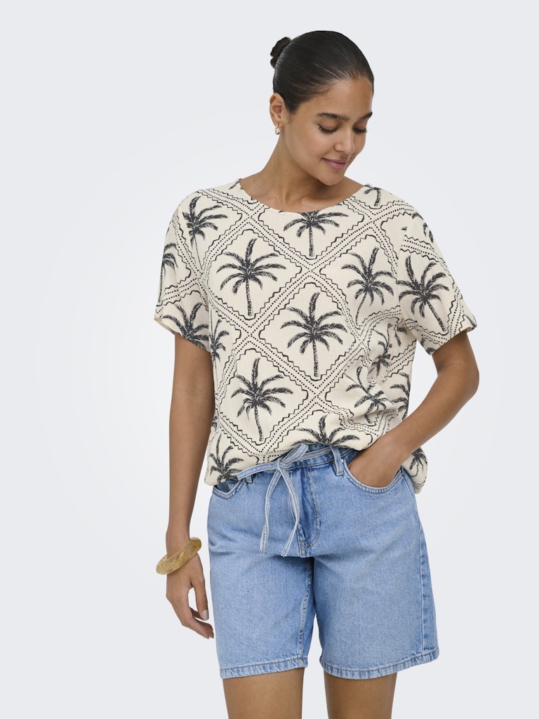 Jdygaby Life S/s V-neck Top Wvn - Ecru Dessin