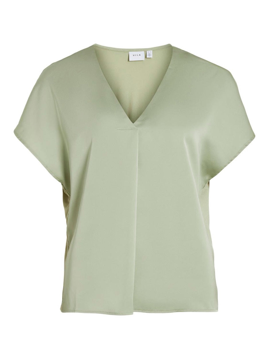 Viellette V-neck S/s Satin Top - No - Oud Groen