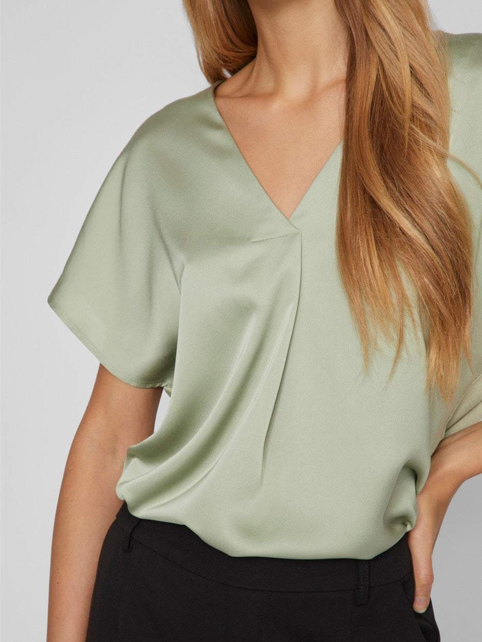 Viellette V-neck S/s Satin Top - No - Oud Groen