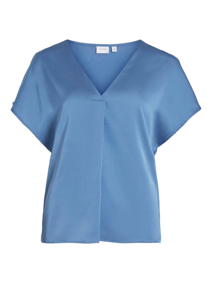 Viellette V-neck S/s Satin Top - No - Rafblauw