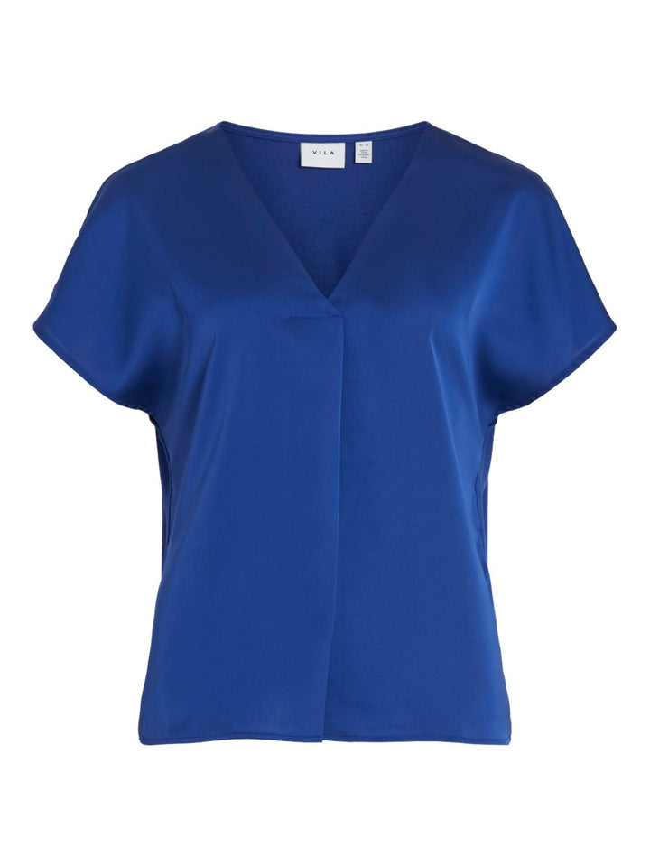 Viellette V-neck S/s Satin Top - No - Kobalt