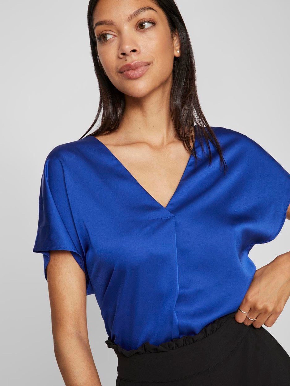 Viellette V-neck S/s Satin Top - No - Kobalt