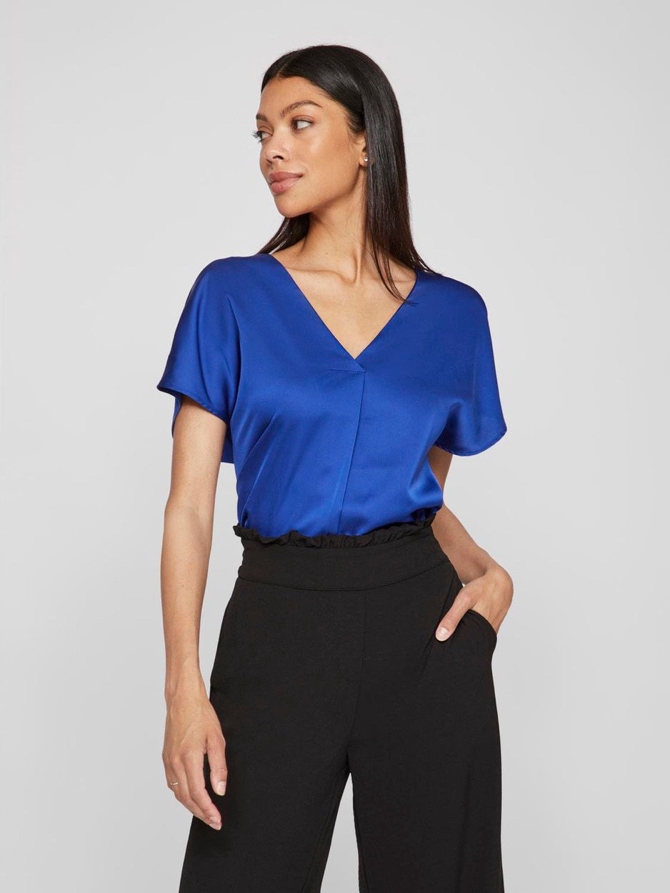 Viellette V-neck S/s Satin Top - No - Kobalt