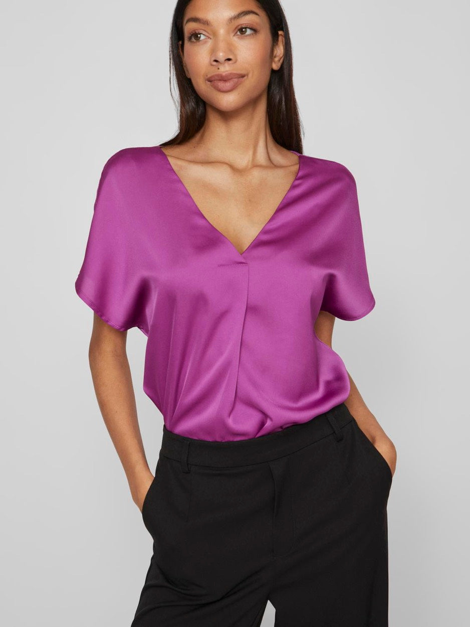 Viellette V-neck S/s Satin Top - No - Magenta