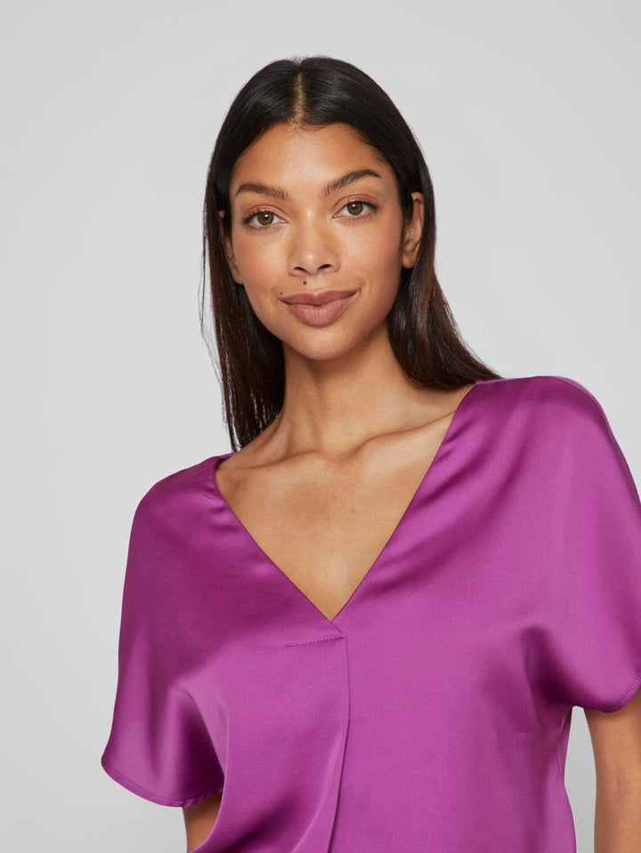 Viellette V-neck S/s Satin Top - No - Magenta