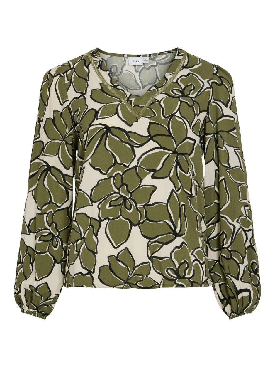 Vimara Dura V-neck L/s Top/pb - Groen Dessin