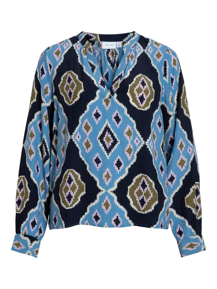 Vicrem V-neck L/s Shirt/lc - Blauw Dessin