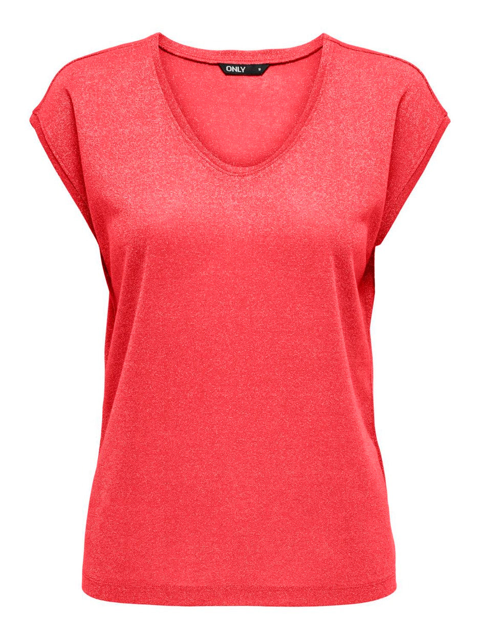 Onlsilvery S/s V Neck Lurex Top Jrs - Rood