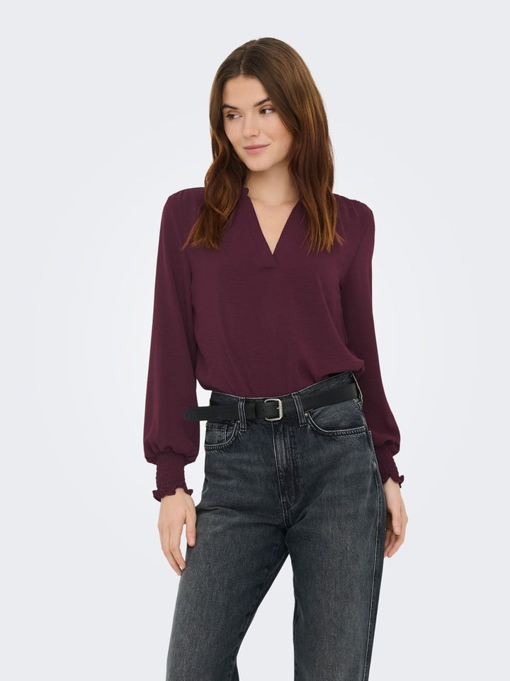 Onlmette V-neck Ls Smock Top Noos Wvn - Wijnrood