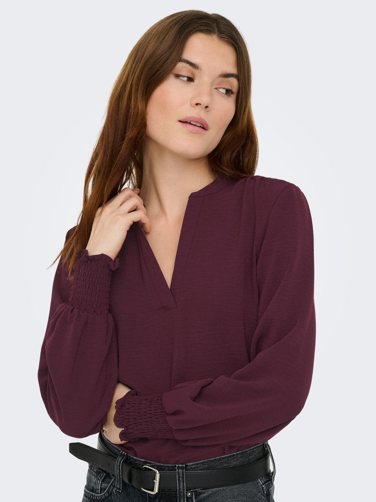 Onlmette V-neck Ls Smock Top Noos Wvn - Wijnrood