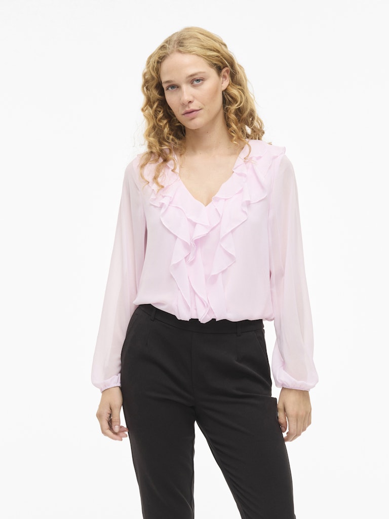 Viane L/s V-neck Frill Top - Noos - Licht Roze