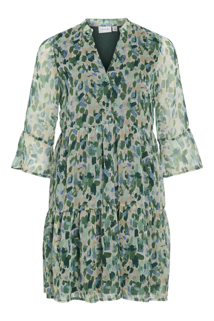 Viemma 3/4 V-neck Short Dress/ka - Groen Dessin