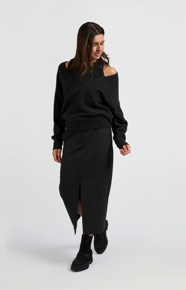 Soft Woven Pinstripe Midi Skir - Grijs Dessin